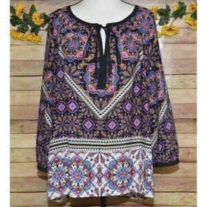 Daniel Rainn Chiffon Blouse Top Size XL Tie & Tassels Colorful Floral & Black
